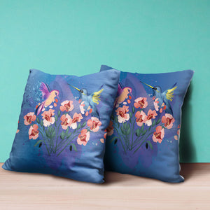 Homeroots 28x28 Blue Pink Gray Bird Blown Seam Broadcloth Animal Print Throw Pillow   485504