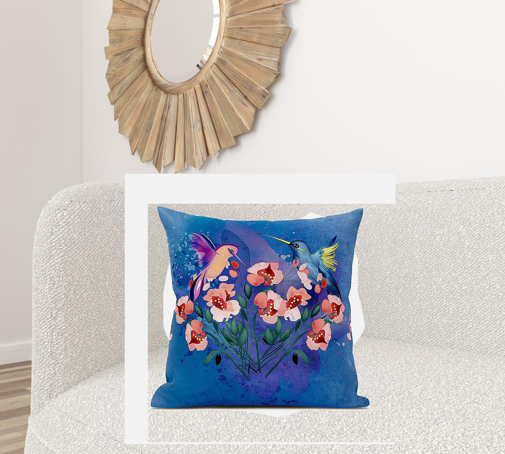 Homeroots 28x28 Blue Pink Gray Bird Blown Seam Broadcloth Animal Print Throw Pillow   485504