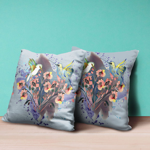 Homeroots 26x26 Brown Blue Gray Bird Blown Seam Broadcloth Animal Print Throw Pillow   485511