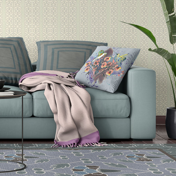 Homeroots 28x28 Brown Blue Gray Bird Blown Seam Broadcloth Animal Print Throw Pillow   485513