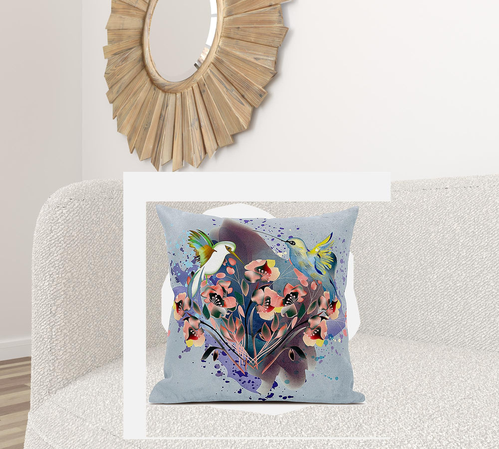 Homeroots 28x28 Brown Blue Gray Bird Blown Seam Broadcloth Animal Print Throw Pillow   485513