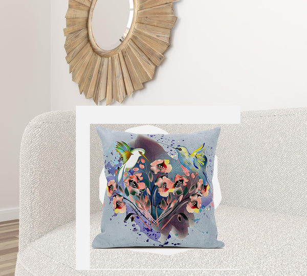 Homeroots 28x28 Brown Blue Gray Bird Blown Seam Broadcloth Animal Print Throw Pillow   485513