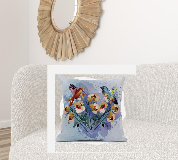 Homeroots 26x26 Mutedmint Yellow Blue Bird Blown Seam Broadcloth Animal Print Throw Pillow   485520