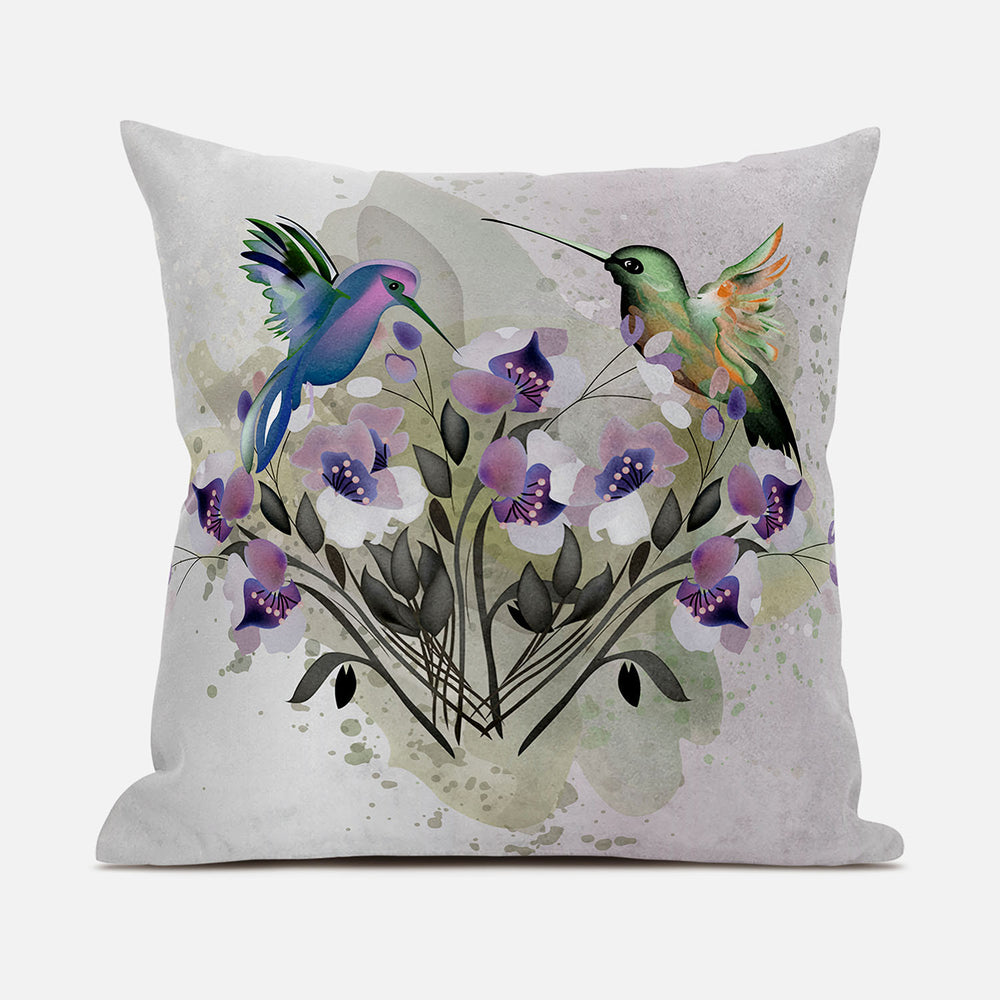 Homeroots 26x26 Beige Purple Brown Green Bird Blown Seam Broadcloth Animal Print Throw Pillow   485526