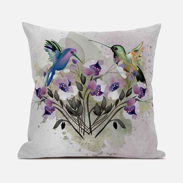 Homeroots 26x26 Beige Purple Brown Green Bird Blown Seam Broadcloth Animal Print Throw Pillow   485526