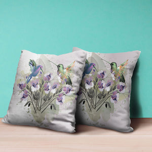 Homeroots 26x26 Beige Purple Brown Green Bird Blown Seam Broadcloth Animal Print Throw Pillow   485526