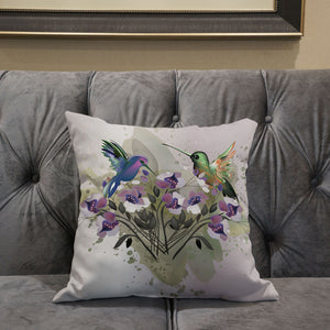 Homeroots 26x26 Beige Purple Brown Green Bird Blown Seam Broadcloth Animal Print Throw Pillow   485526