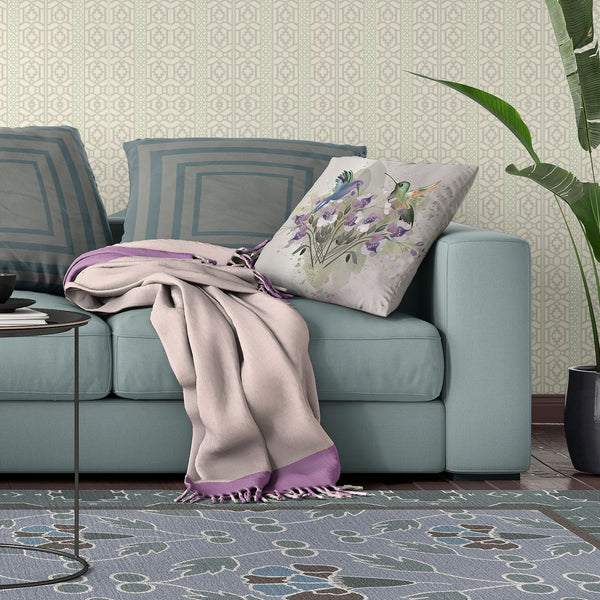 Homeroots 26x26 Beige Purple Brown Green Bird Blown Seam Broadcloth Animal Print Throw Pillow   485526