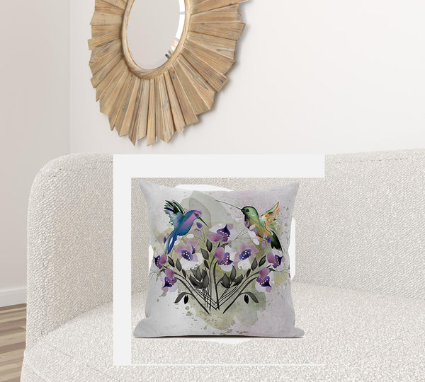 Homeroots 26x26 Beige Purple Brown Green Bird Blown Seam Broadcloth Animal Print Throw Pillow   485526