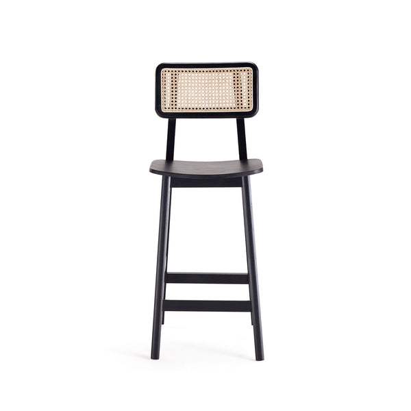 English Elm Versailles Cane Back Wood Counter Stool with Solid Ash Frame, Rattan Seat, 275 lb Capacity, Fully Assembled Black+Natural B365P398062