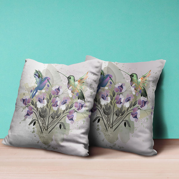 Homeroots 28x28 Beige Purple Brown Green Bird Blown Seam Broadcloth Animal Print Throw Pillow   485528