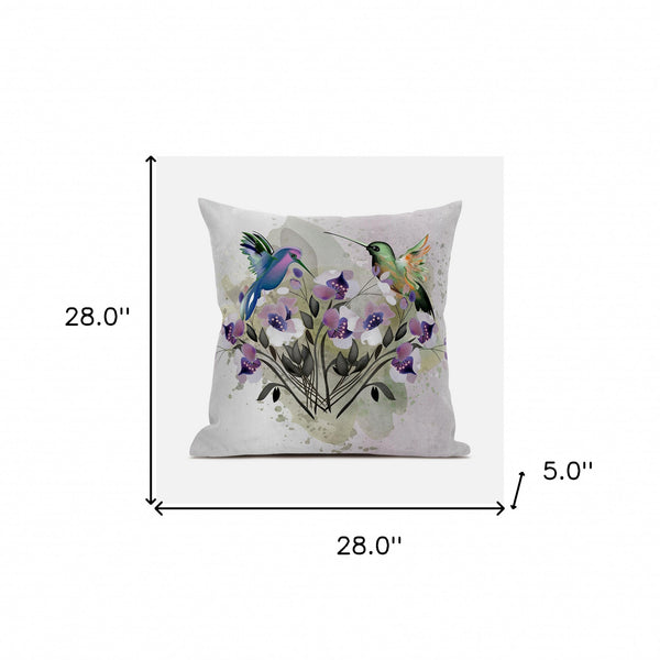 Homeroots 28x28 Beige Purple Brown Green Bird Blown Seam Broadcloth Animal Print Throw Pillow   485528