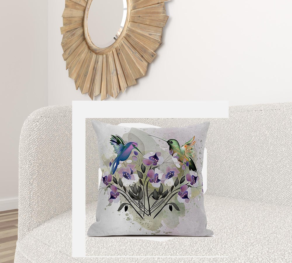 Homeroots 28x28 Beige Purple Brown Green Bird Blown Seam Broadcloth Animal Print Throw Pillow   485528