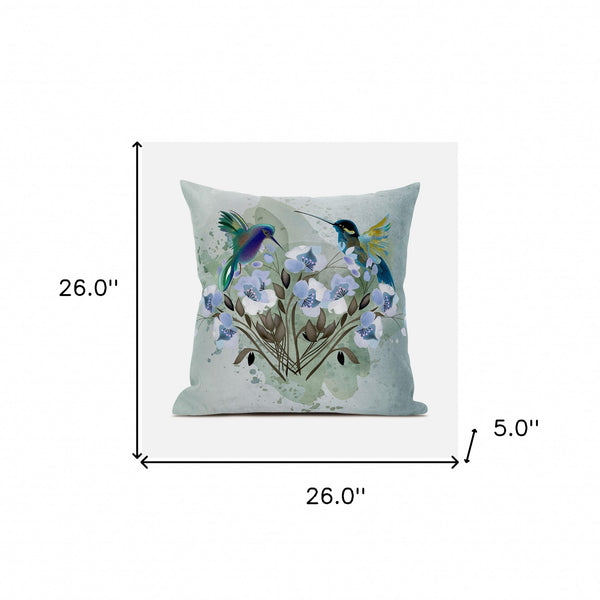 Homeroots 26x26 Green Blue Bird Blown Seam Broadcloth Animal Print Throw Pillow   485532