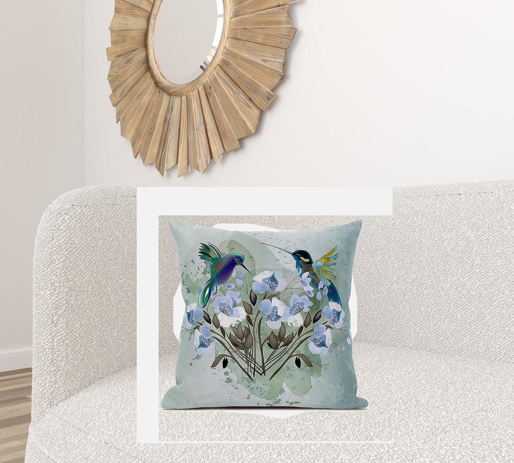 Homeroots 26x26 Green Blue Bird Blown Seam Broadcloth Animal Print Throw Pillow   485532