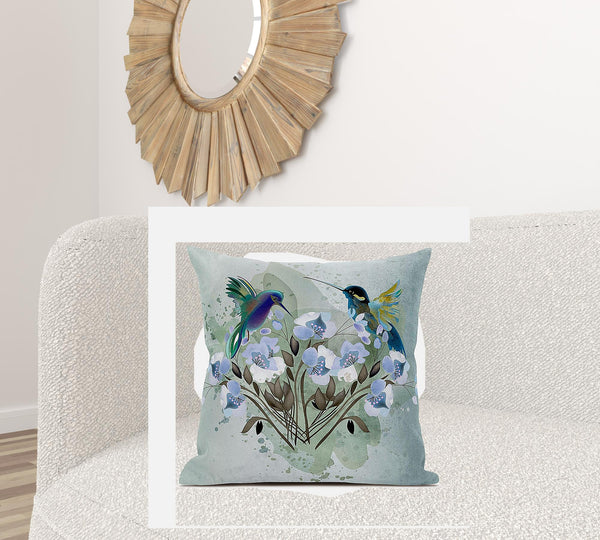 Homeroots 28x28 Green Blue Bird Blown Seam Broadcloth Animal Print Throw Pillow   485533