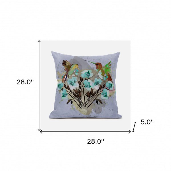 Homeroots 28x28 Green Brown Gray Bird Blown Seam Broadcloth Animal Print Throw Pillow   485538