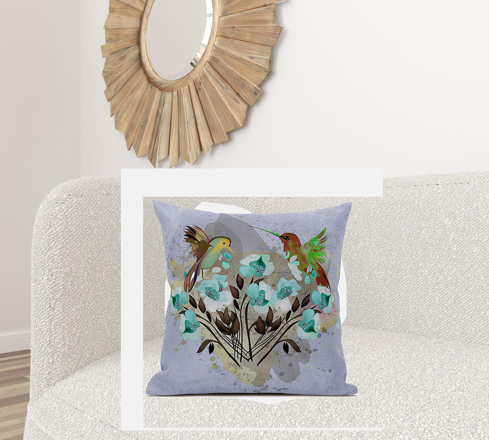 Homeroots 28x28 Green Brown Gray Bird Blown Seam Broadcloth Animal Print Throw Pillow   485538