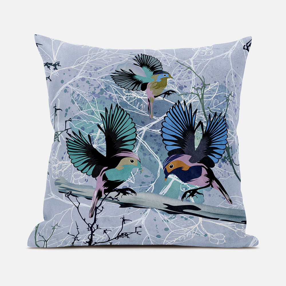 Homeroots 26x26 Blue Pink Gray Bird Blown Seam Broadcloth Animal Print Throw Pillow   485542