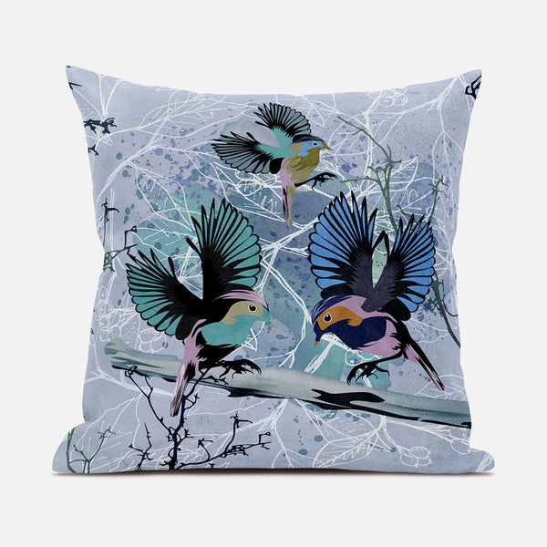 Homeroots 26x26 Blue Pink Gray Bird Blown Seam Broadcloth Animal Print Throw Pillow   485542