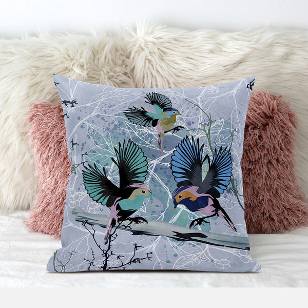 Homeroots 26x26 Blue Pink Gray Bird Blown Seam Broadcloth Animal Print Throw Pillow   485542