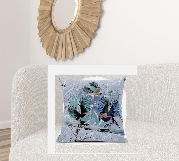 Homeroots 26x26 Blue Pink Gray Bird Blown Seam Broadcloth Animal Print Throw Pillow   485542