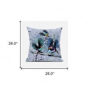 Homeroots 26x26 Blue Pink Gray Bird Blown Seam Broadcloth Animal Print Throw Pillow   485542