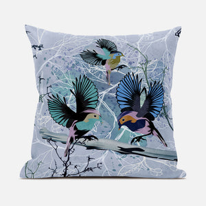 Homeroots 28x28 Blue Pink Gray Bird Blown Seam Broadcloth Animal Print Throw Pillow   485543