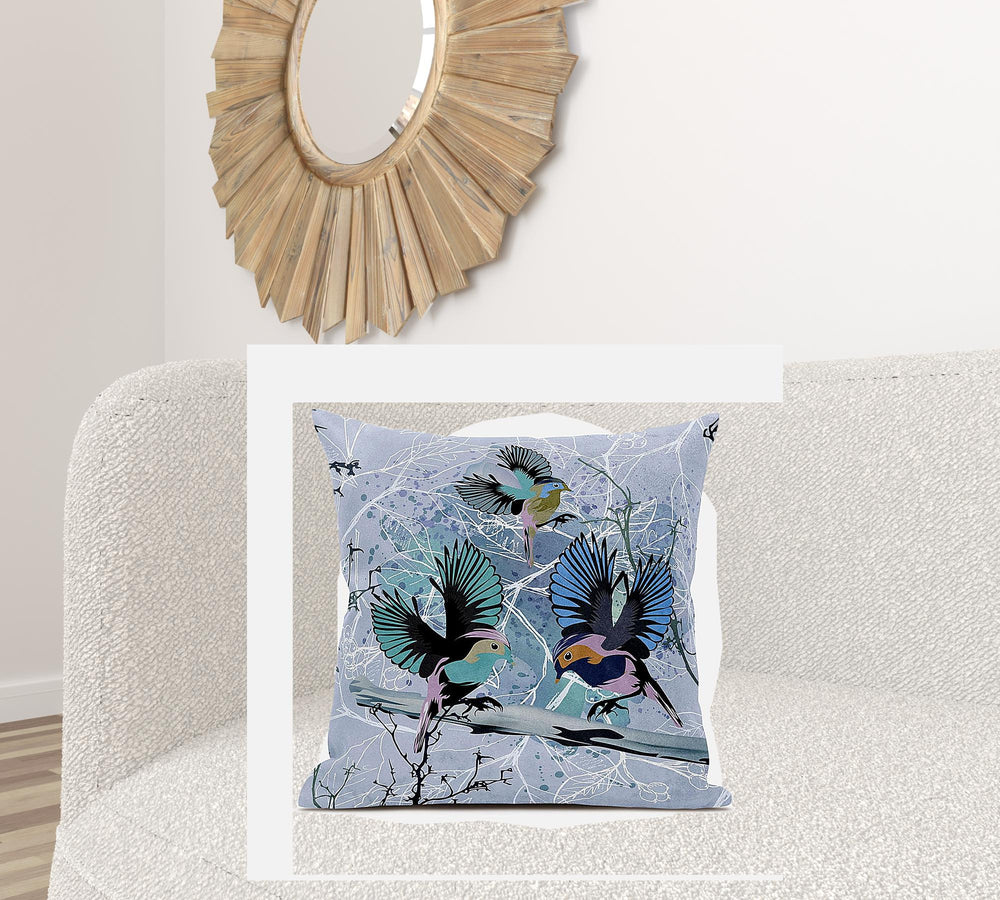 Homeroots 28x28 Blue Pink Gray Bird Blown Seam Broadcloth Animal Print Throw Pillow   485543