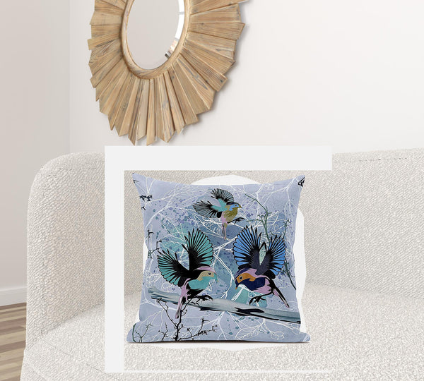 Homeroots 28x28 Blue Pink Gray Bird Blown Seam Broadcloth Animal Print Throw Pillow   485543