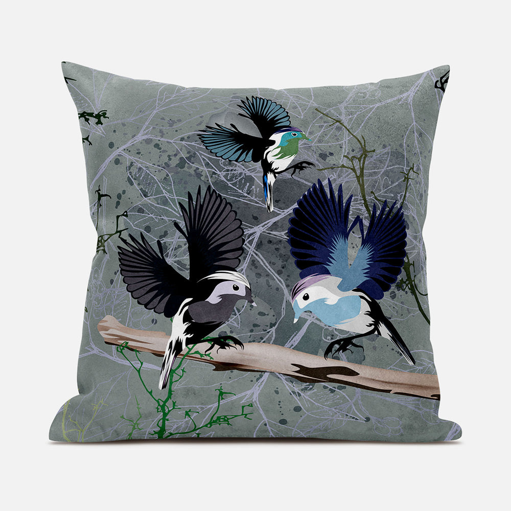 Homeroots 28x28 Off White Green Bird Blown Seam Broadcloth Animal Print Throw Pillow   485548
