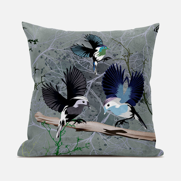 Homeroots 28x28 Off White Green Bird Blown Seam Broadcloth Animal Print Throw Pillow   485548