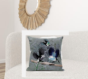 Homeroots 28x28 Off White Green Bird Blown Seam Broadcloth Animal Print Throw Pillow   485548