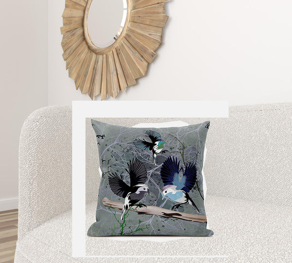 Homeroots 28x28 Off White Green Bird Blown Seam Broadcloth Animal Print Throw Pillow   485548