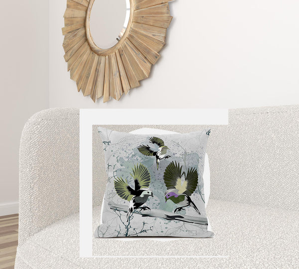 Homeroots 26x26 Olivegreen Offwhite Bird Blown Seam Broadcloth Animal Print Throw Pillow   485552