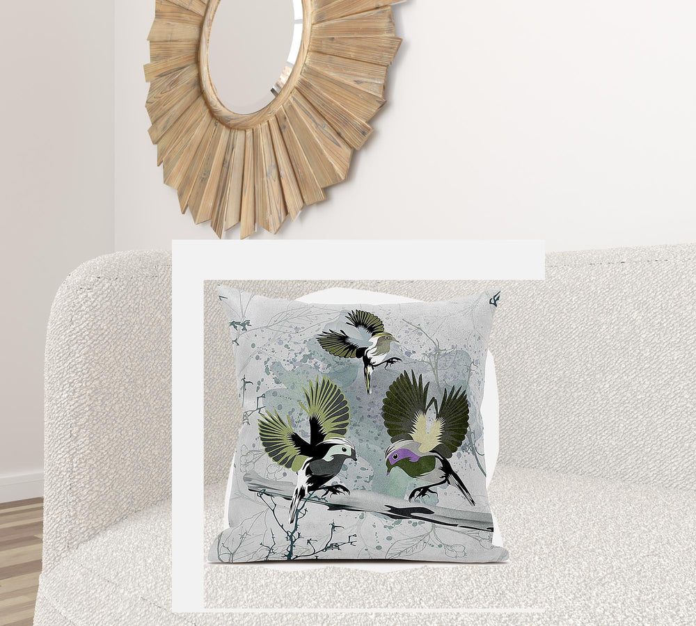 Homeroots 28x28 Olivegreen Offwhite Bird Blown Seam Broadcloth Animal Print Throw Pillow   485553
