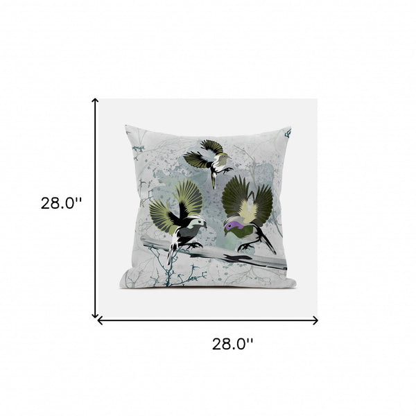 Homeroots 28x28 Olivegreen Offwhite Bird Blown Seam Broadcloth Animal Print Throw Pillow   485553