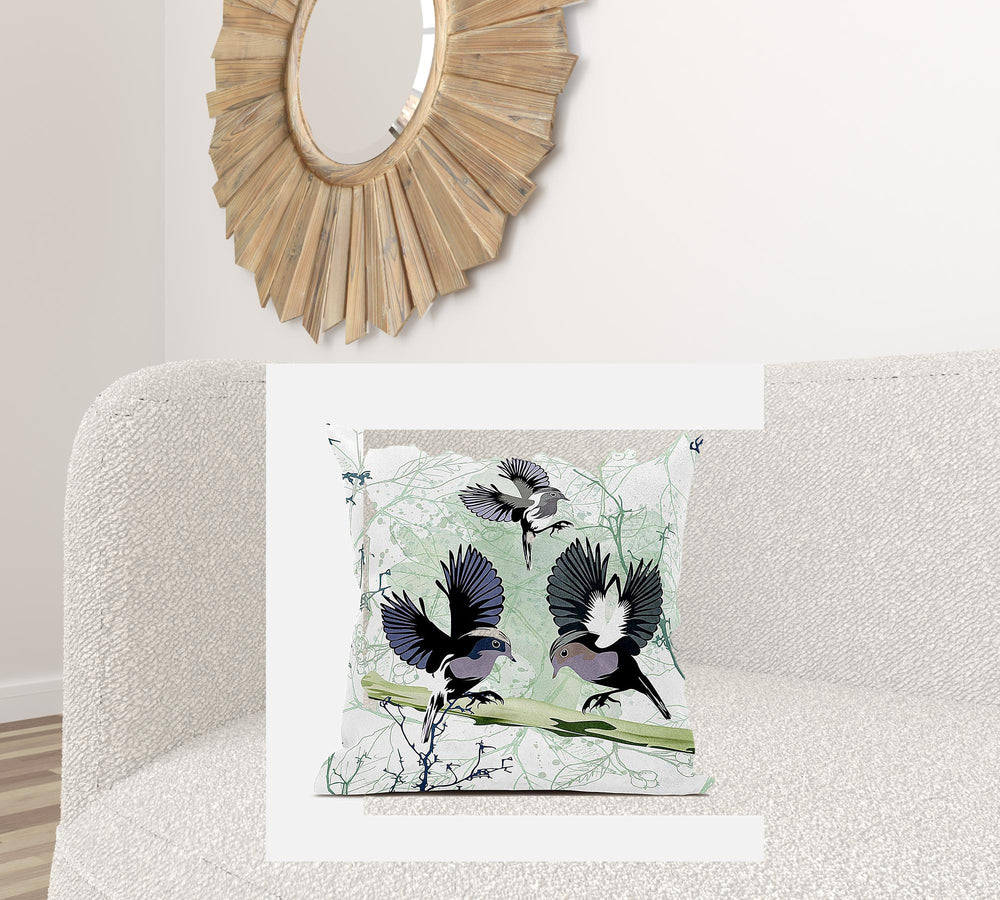 Homeroots 26x26 Offwhite Green Gray Bird Blown Seam Broadcloth Animal Print Throw Pillow   485562