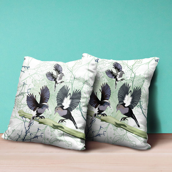 Homeroots 28x28 Offwhite Green Gray Bird Blown Seam Broadcloth Animal Print Throw Pillow   485563
