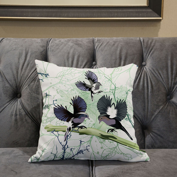 Homeroots 28x28 Offwhite Green Gray Bird Blown Seam Broadcloth Animal Print Throw Pillow   485563