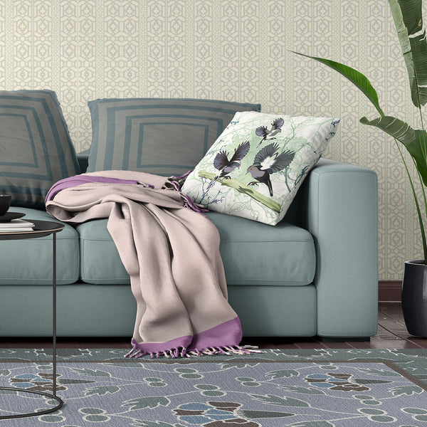 Homeroots 28x28 Offwhite Green Gray Bird Blown Seam Broadcloth Animal Print Throw Pillow   485563