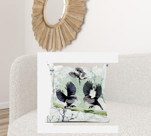 Homeroots 28x28 Offwhite Green Gray Bird Blown Seam Broadcloth Animal Print Throw Pillow   485563