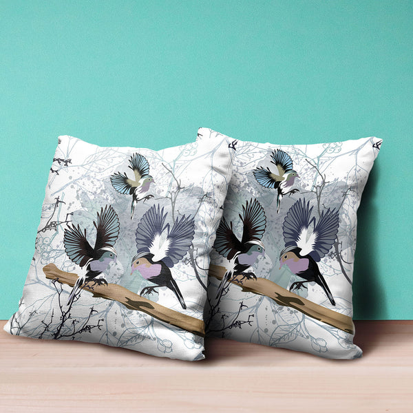 Homeroots 26x26 White Gray Black Bird Blown Seam Broadcloth Animal Print Throw Pillow   485567