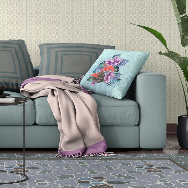 Homeroots 26x26 Blue Purple Brown Bird Blown Seam Broadcloth Animal Print Throw Pillow   485572