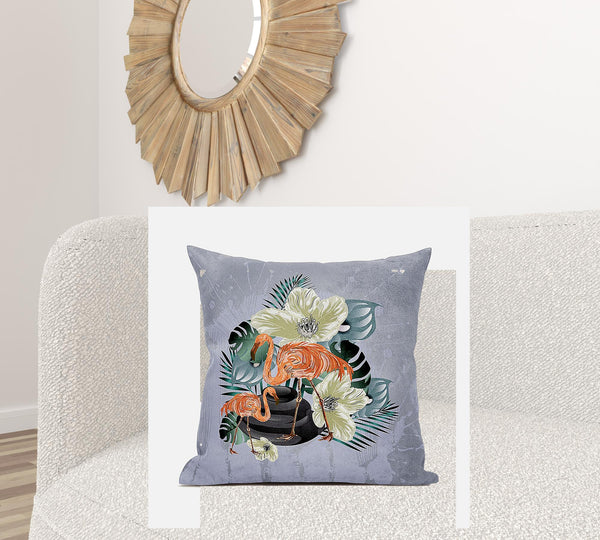 Homeroots 28x28 Green Orange Gray Bird Blown Seam Broadcloth Animal Print Throw Pillow   485578