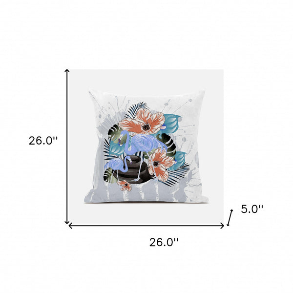 Homeroots 26x26 Gray Blue Orange Bird Blown Seam Broadcloth Animal Print Throw Pillow   485582