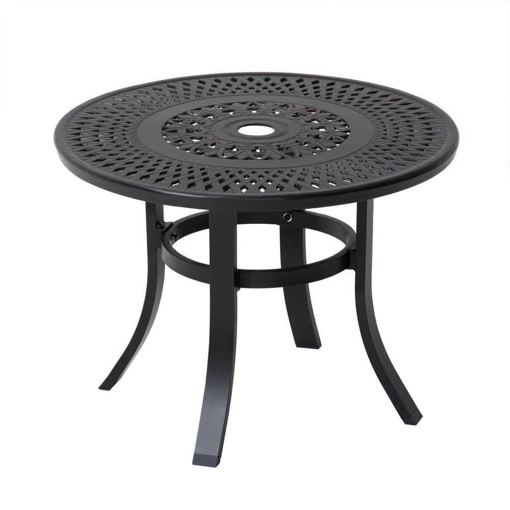 HomeRoots 24" Black Rounded Metal Bistro Table with Umbrella Hole – Perfect for Cozy Patios & Gardens 485594