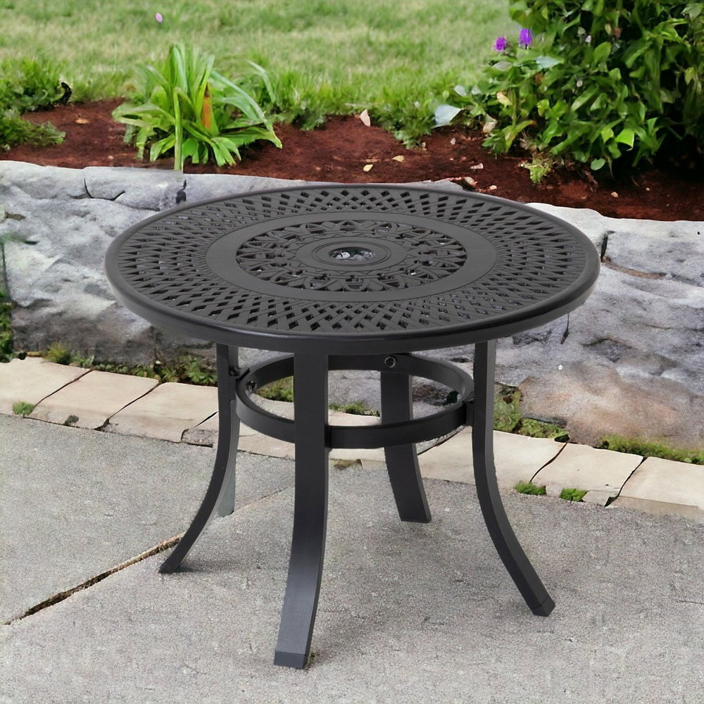HomeRoots 24" Black Rounded Metal Bistro Table with Umbrella Hole – Perfect for Cozy Patios & Gardens 485594
