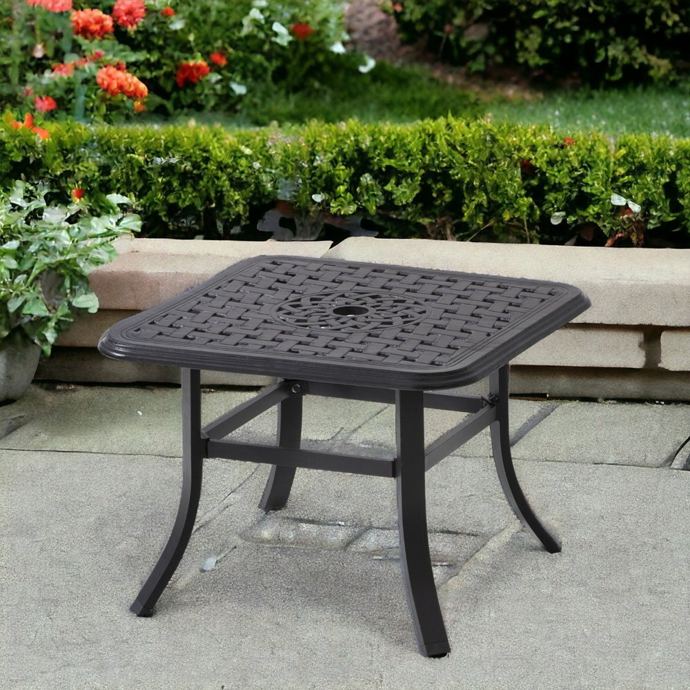 HomeRoots 24" Stylish Black Square Outdoor Bistro Table with Umbrella Hole for Patios and Relaxation Spaces 485595