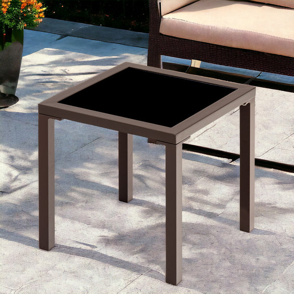 Homeroots 16" Black Square Glass Outdoor Side Table  Aluminum 485597